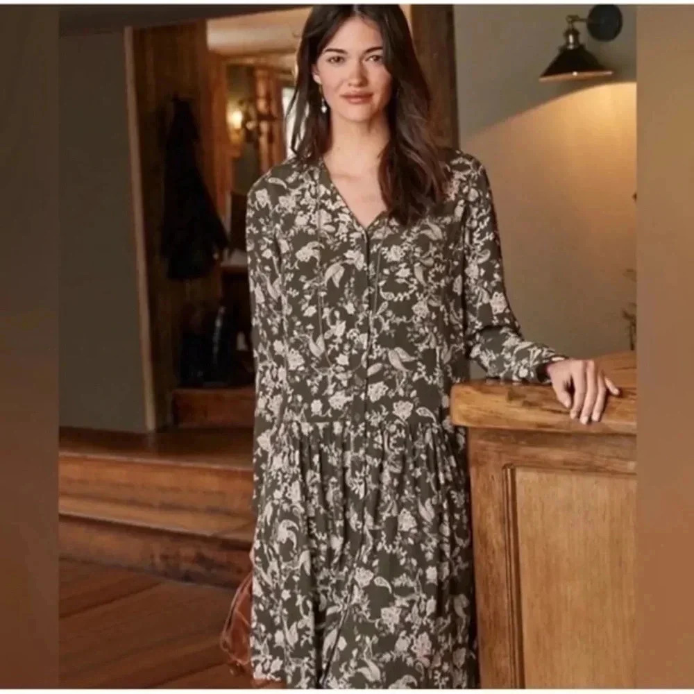 Garnet Hill Cottagecore Romantic Button-Up Dress Olive Green Floral Size 6 S
